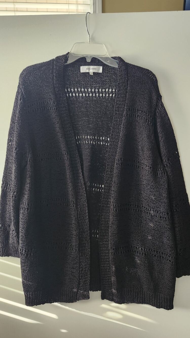 Jones Studio Black Open Knit Cardigan Sweater Womens XL Open Front #291